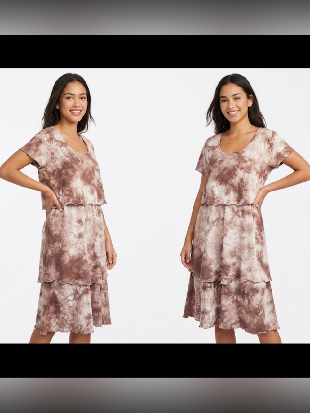 Lulu-B Tiered Tie Dye Dress XL Brown Cream Cotton Lettuce Edge Lagenlook Morikei